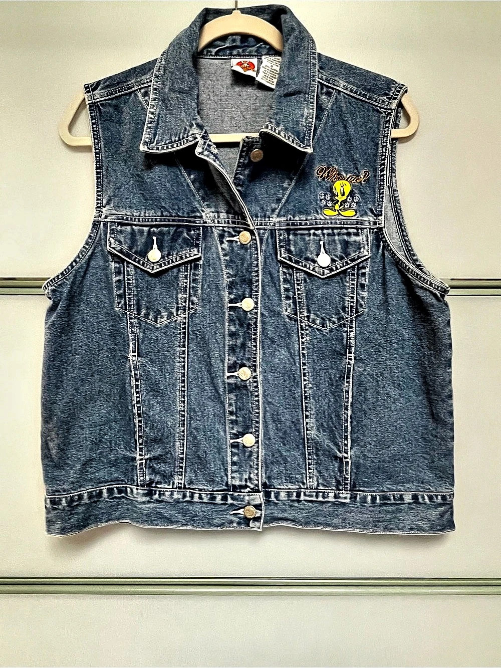 Vintage Looney Tunes Tweety Bird Denim Vest Women’s L Embroidered Jean Vest